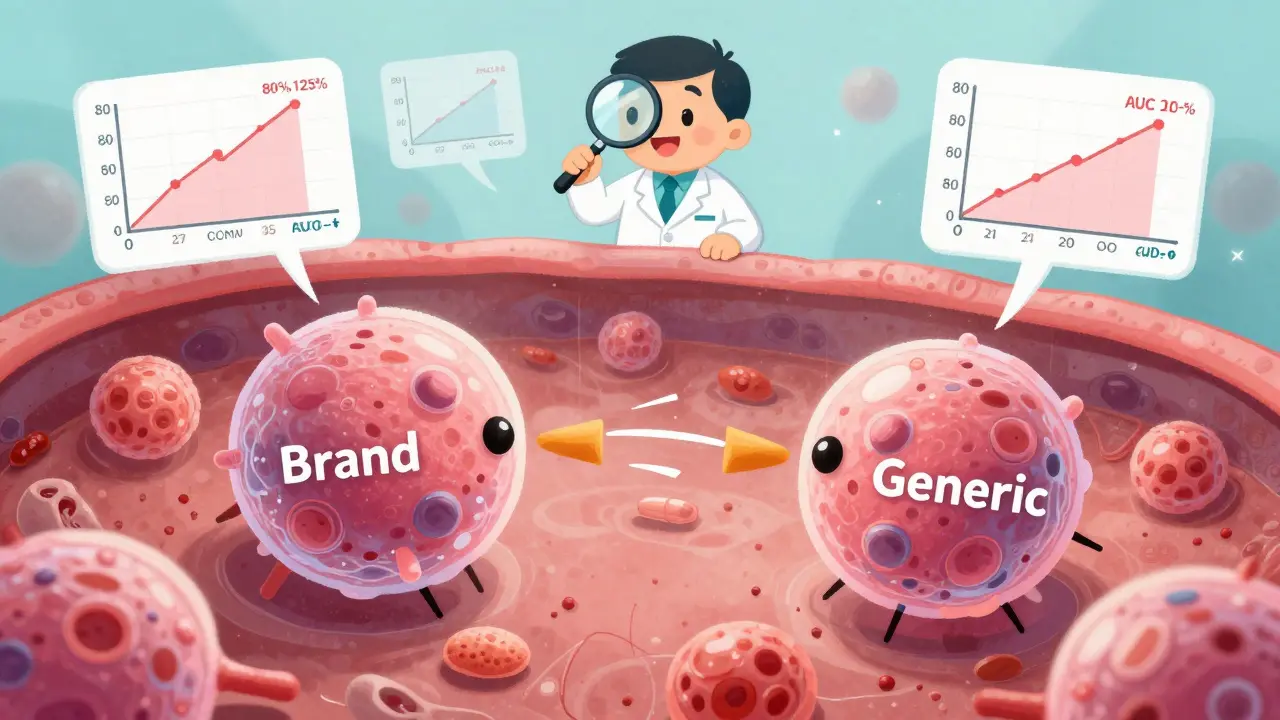 Microscopic drug molecules floating identically in bloodstream, watched by an FDA inspector.