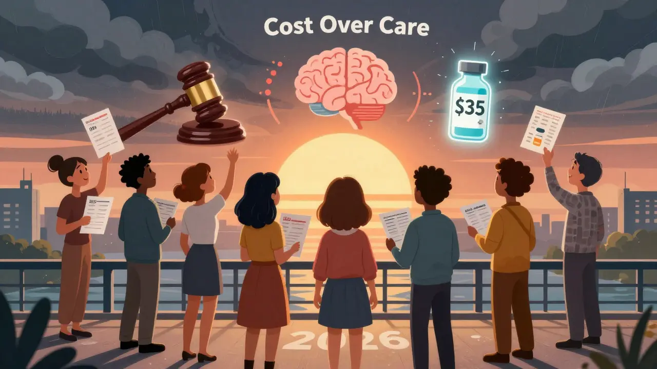 People crossing a bridge into 2026, facing changes in drug coverage with hope and awareness.