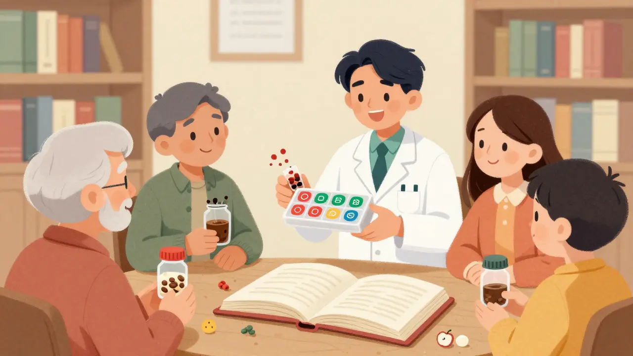 Pharmacist explaining color-coded pill organizer to diverse patients in a cozy library setting.