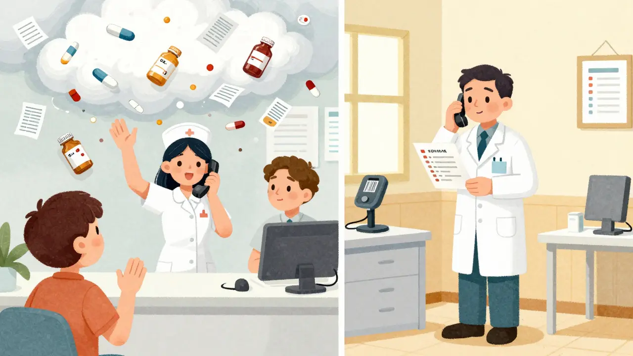 Pharmacist overwhelmed by interruptions versus working peacefully in a quiet zone with checklist.