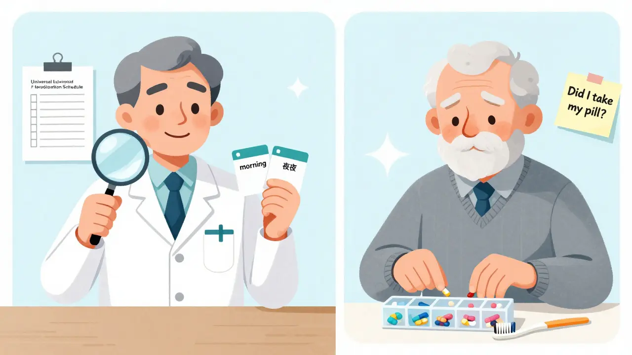 Senior comparing conflicting pill instructions while pharmacist helps with a clear schedule chart and sticky note reminder.