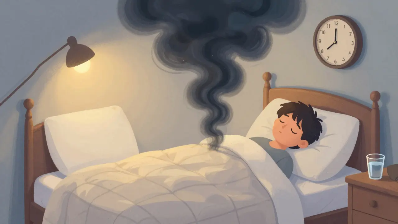 Someone sleeping on a wedge pillow with elevated bed, blocking acid reflux in a cozy nighttime scene.