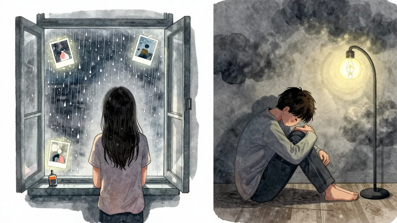 Split illustration: one side shows warmth and memories, the other shows isolation and gray shadows.
