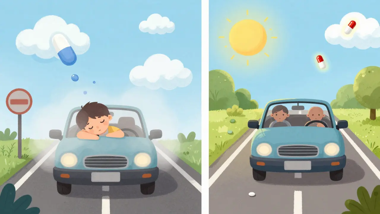 Two contrasting road scenes: one impaired by sleepy pills, the other clear and safe with protective allergy meds.