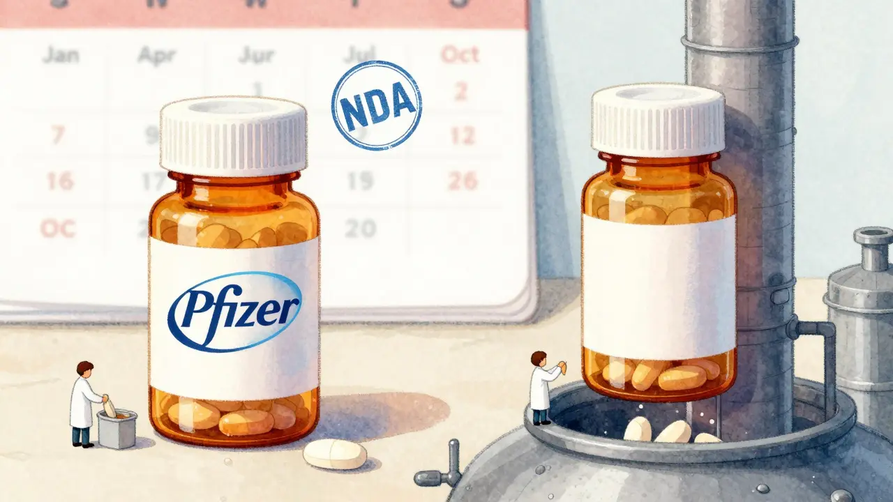 Two identical pill bottles emerge from the same factory, one with a brand name and one plain, showing authorized generics are made by the same company.