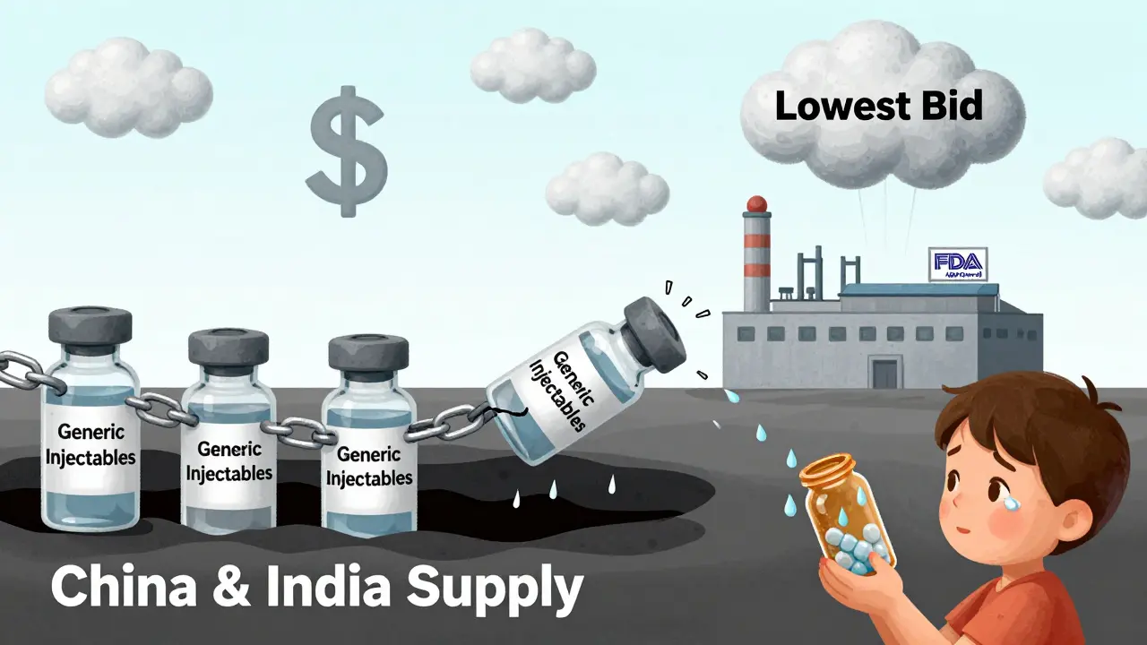 A broken chain of drug vials falls into a dark abyss labeled 'China &amp; India Supply' while a lone U.S. factory struggles under low bids.