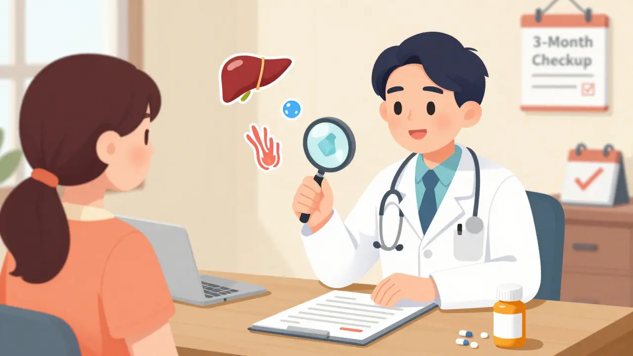 A doctor reviewing blood test icons of liver, tendon, and uric acid crystal in a warm, illustrated office setting.