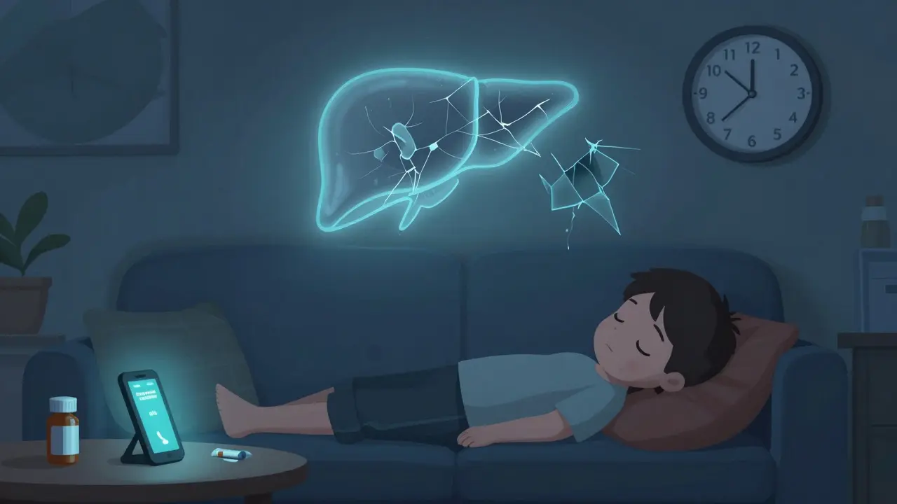 A pale child lying quietly on a couch as a medicine bottle and clock show the time — silent signs of overdose.