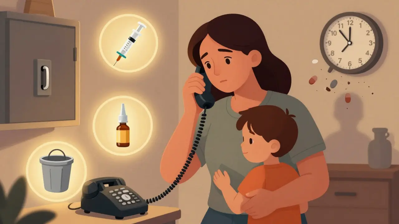 A parent calling Poison Control while holding their child, with icons of safe medication storage and naloxone glowing nearby.