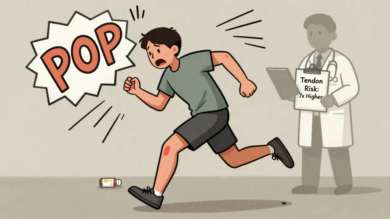 A person clutching their Achilles tendon mid-run, with a cartoon 'POP' sound wave and a statin bottle on the floor.