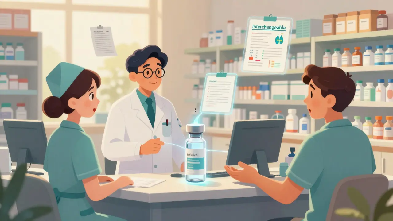 A pharmacist consults with medical staff as a glowing 'Interchangeable' stamp confirms biosimilar substitution.