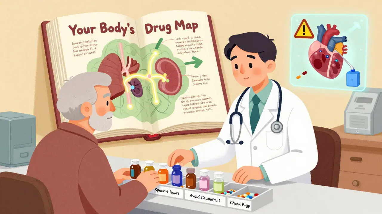 A pharmacist organizes medications with a patient, using a glowing book to explain safe drug spacing and transporter warnings.