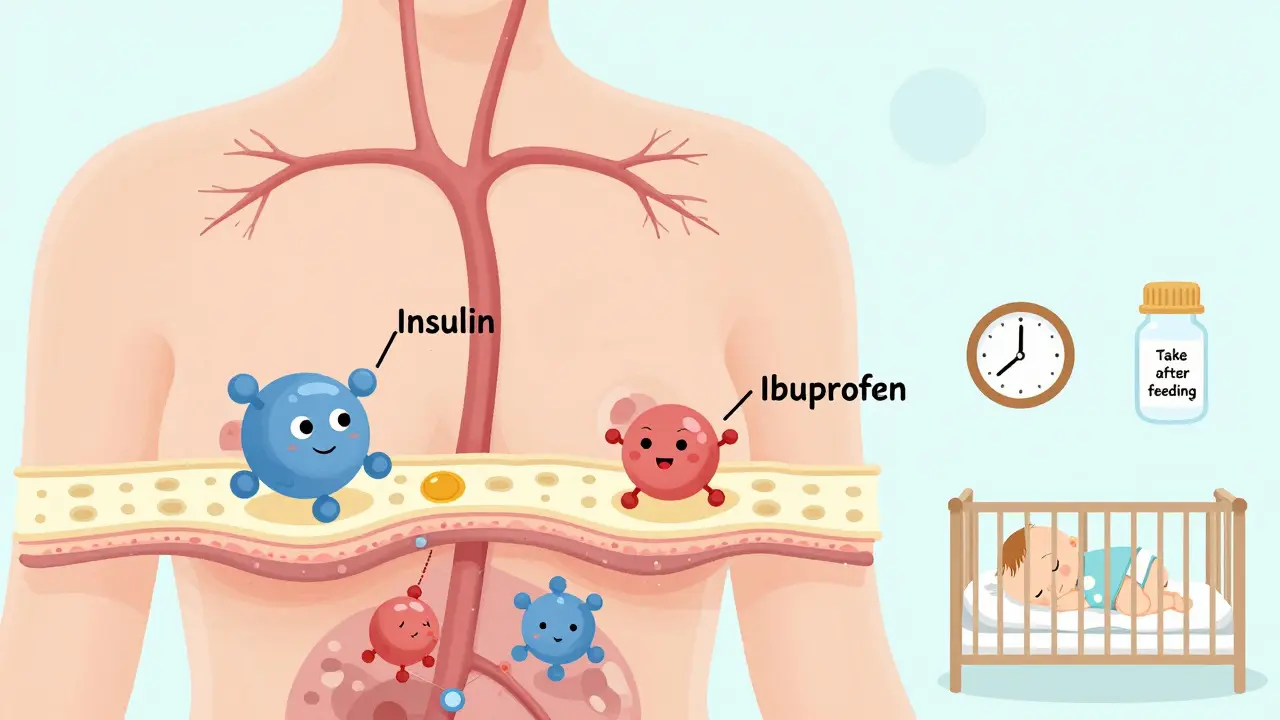 A simplified illustration of medication molecules crossing into breast milk, with some blocked and others passing easily.