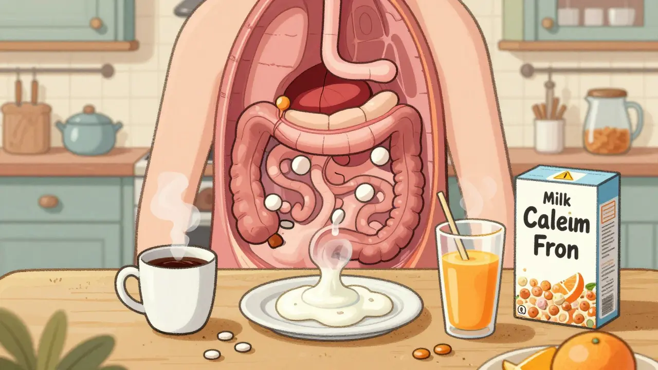 A whimsical gut kitchen where thyroid pills are blocked by calcium and iron like curdled milk and vinegar.