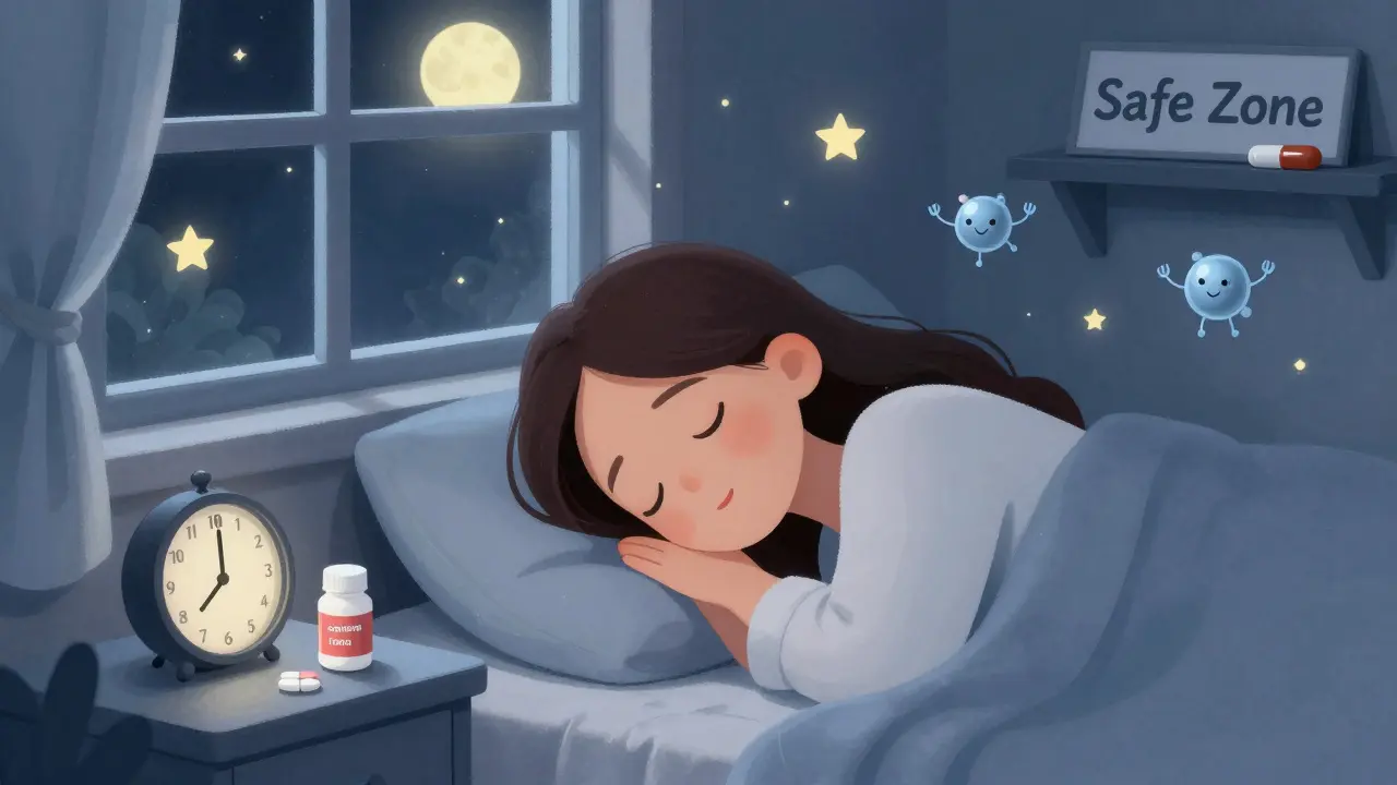 A woman sleeps peacefully as her thyroid pill is taken at night, while calcium and iron rest safely away.