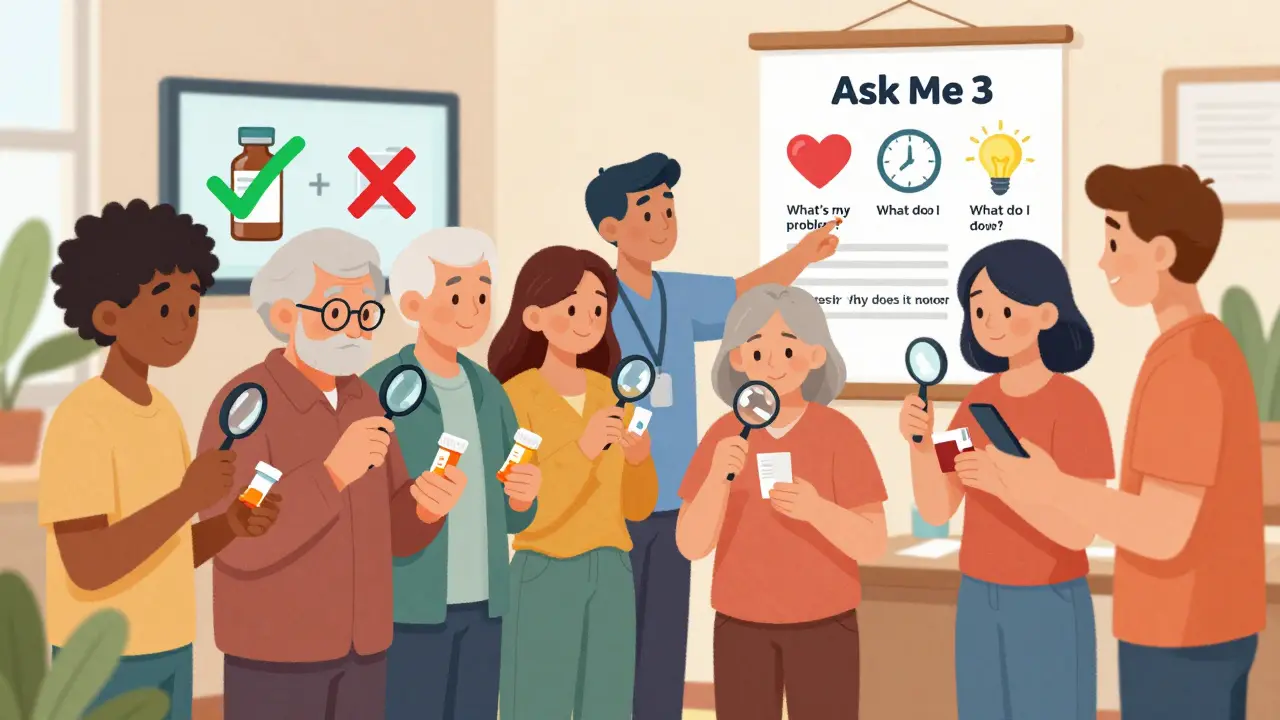 Diverse group of people verifying prescriptions with volunteer and 'Ask Me 3' poster.