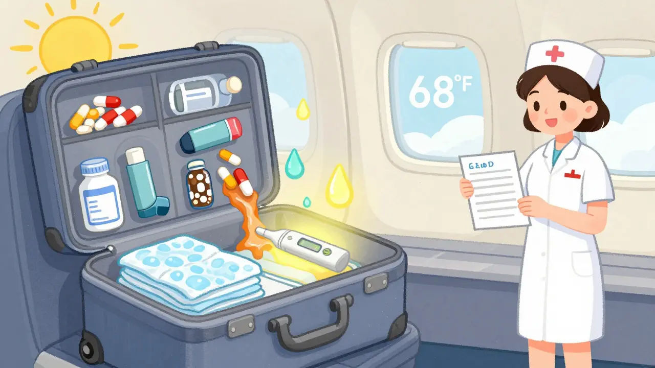 Melting pills under the sun contrast with a safe, packed pharmaceutical cooler in an airplane cabin setting.