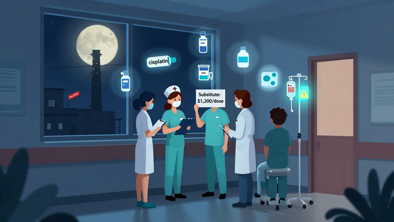 Nurses in a hospital hallway gather around floating icons of missing drugs, with an IV bag glowing as a costly substitute.