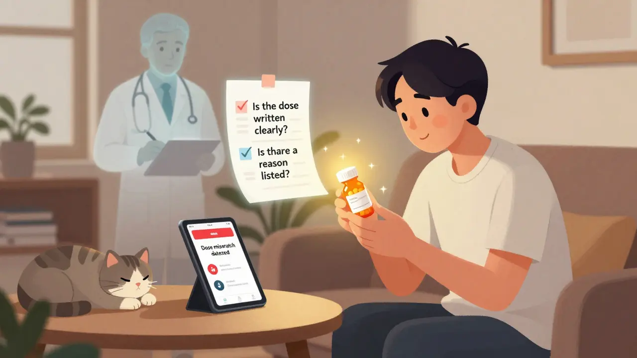 Patient examining pill bottle at home with floating checklist and app alert.