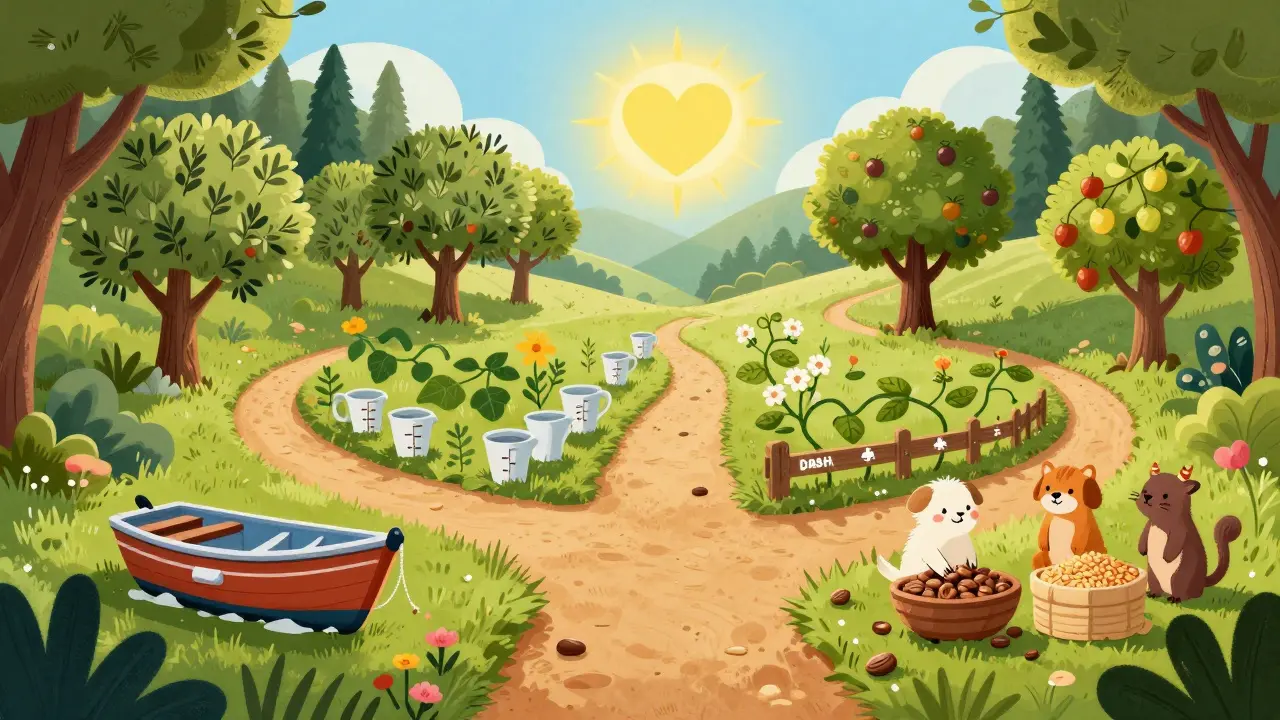 Three colorful paths in a forest representing Mediterranean, DASH, and plant-forward diets under a heart-shaped sun.