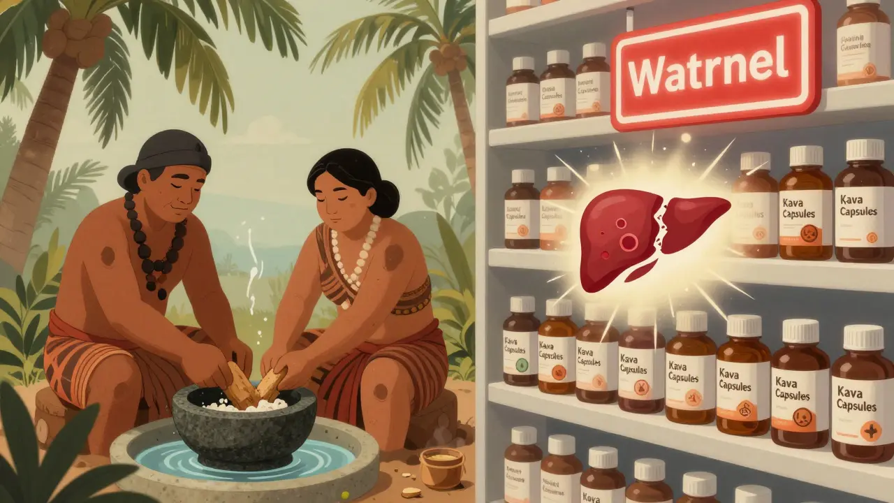 Traditional kava preparation beside dangerous modern extracts, with a warning sign and damaged liver in a gentle illustrated style.