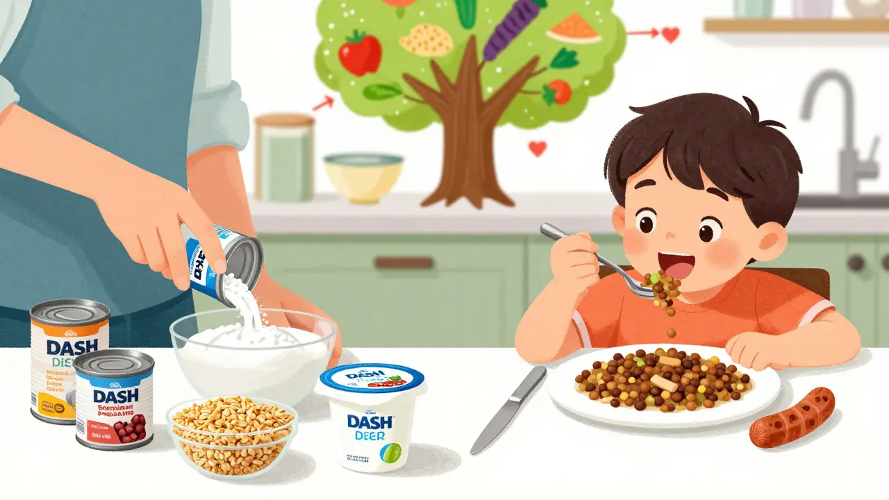 Two contrasting meals side by side: DASH diet with measured portions and plant-forward with lentils and a small sausage.