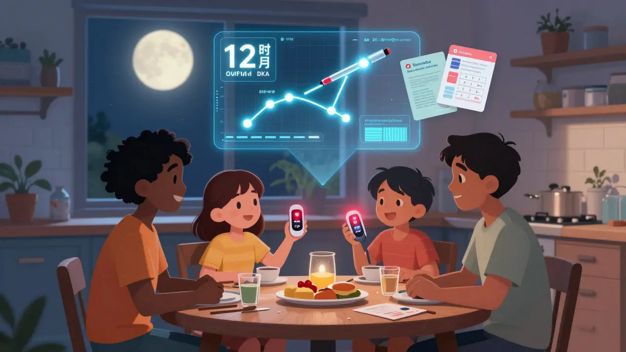 A family sees a CGM alert with a digital forecast preventing diabetic ketoacidosis under moonlight.