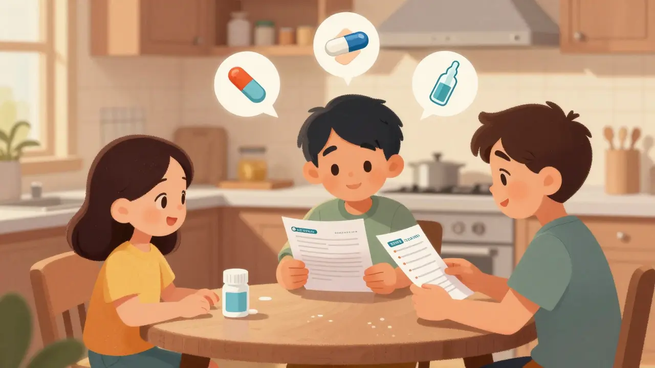 A family verifies medication details at home, with icons showing different dosage forms.
