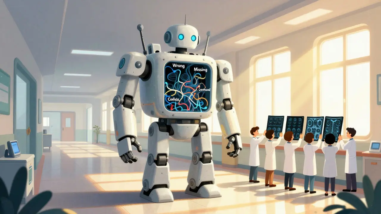 A neural network robot with an open chest revealing mislabeled X-rays, while a team replaces them with correct labels, symbolizing improved model accuracy.