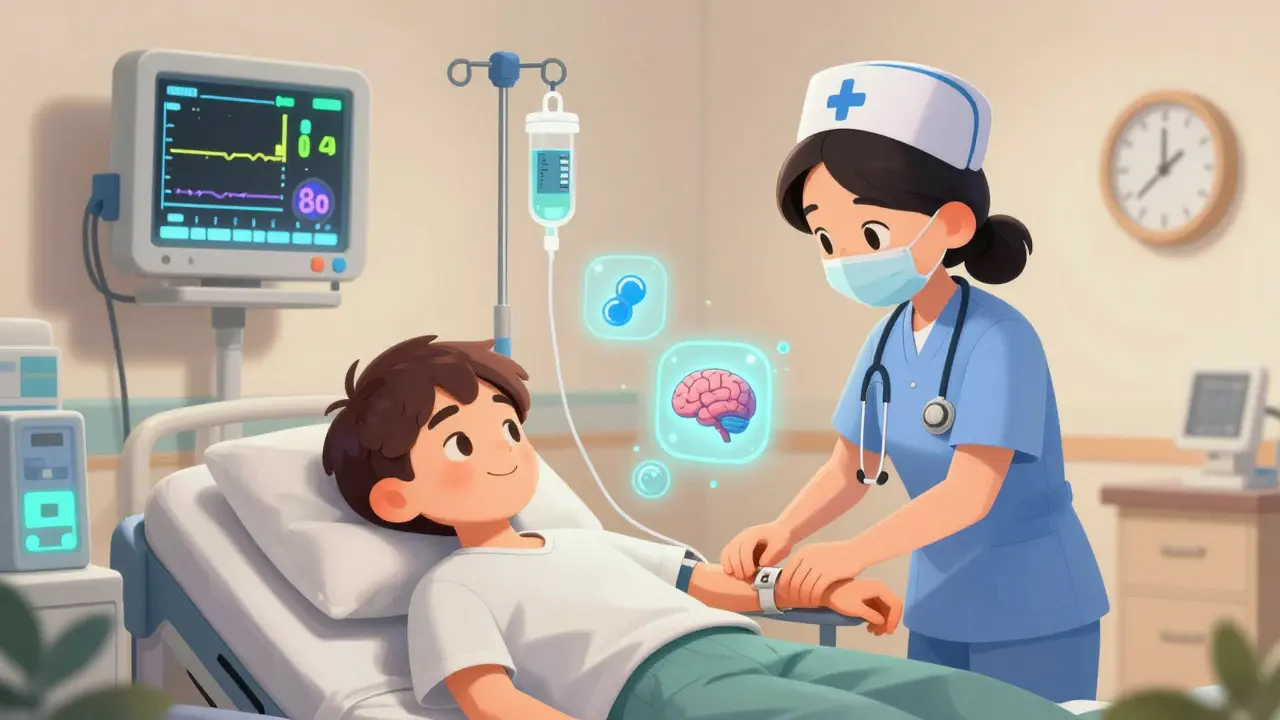 A patient in an ICU receives IV fluids and insulin while monitoring screens display ketone and pH levels.