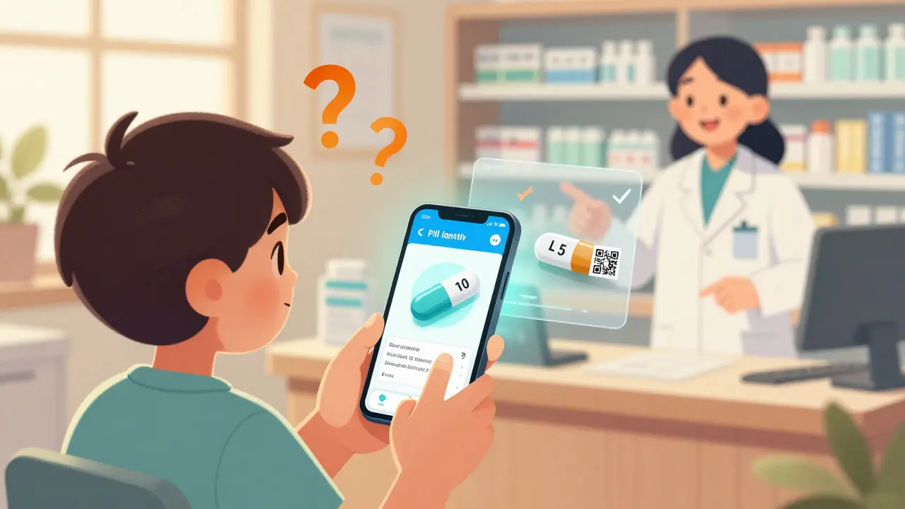 A person uses a smartphone app to identify a pill by its imprint, with a previous pill image shown beside it for comparison.