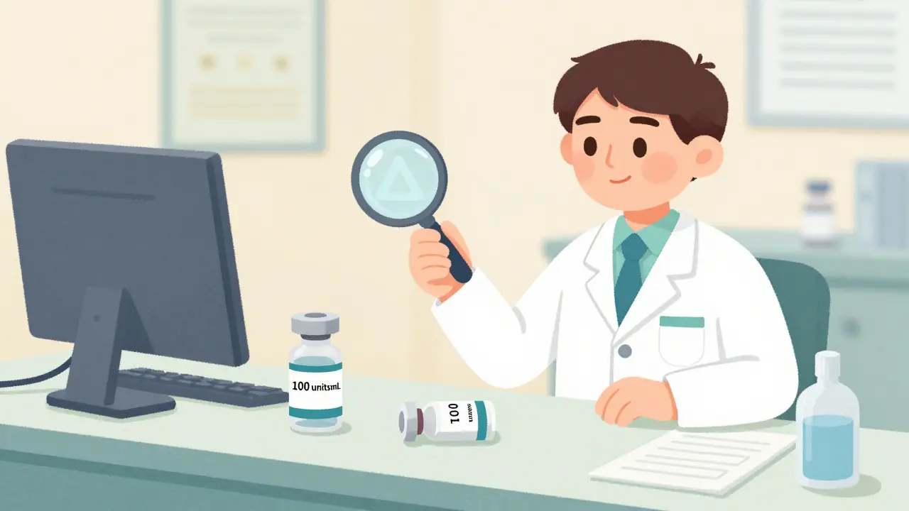 A pharmacist examines two insulin vials with different strengths, using a magnifying glass.