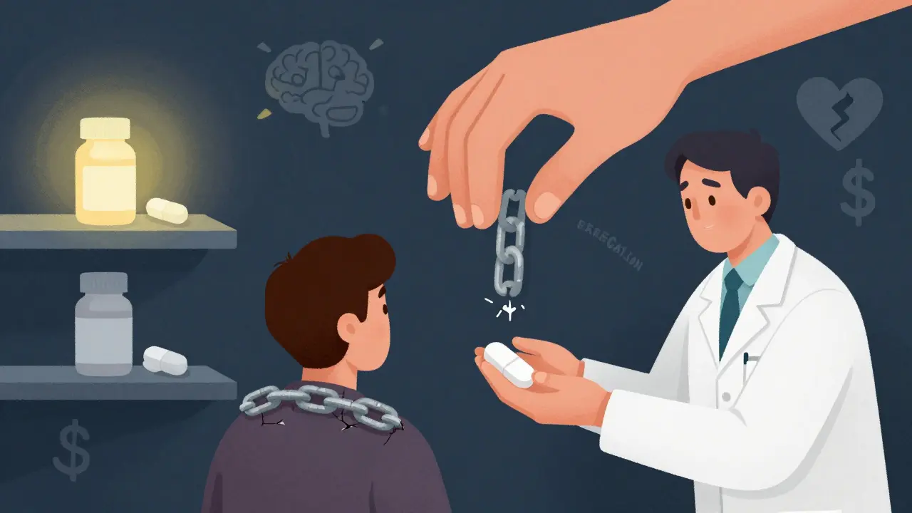 A pharmacist handing a generic pill to a patient while an invisible chain labeled 'Expectation' weighs them down.