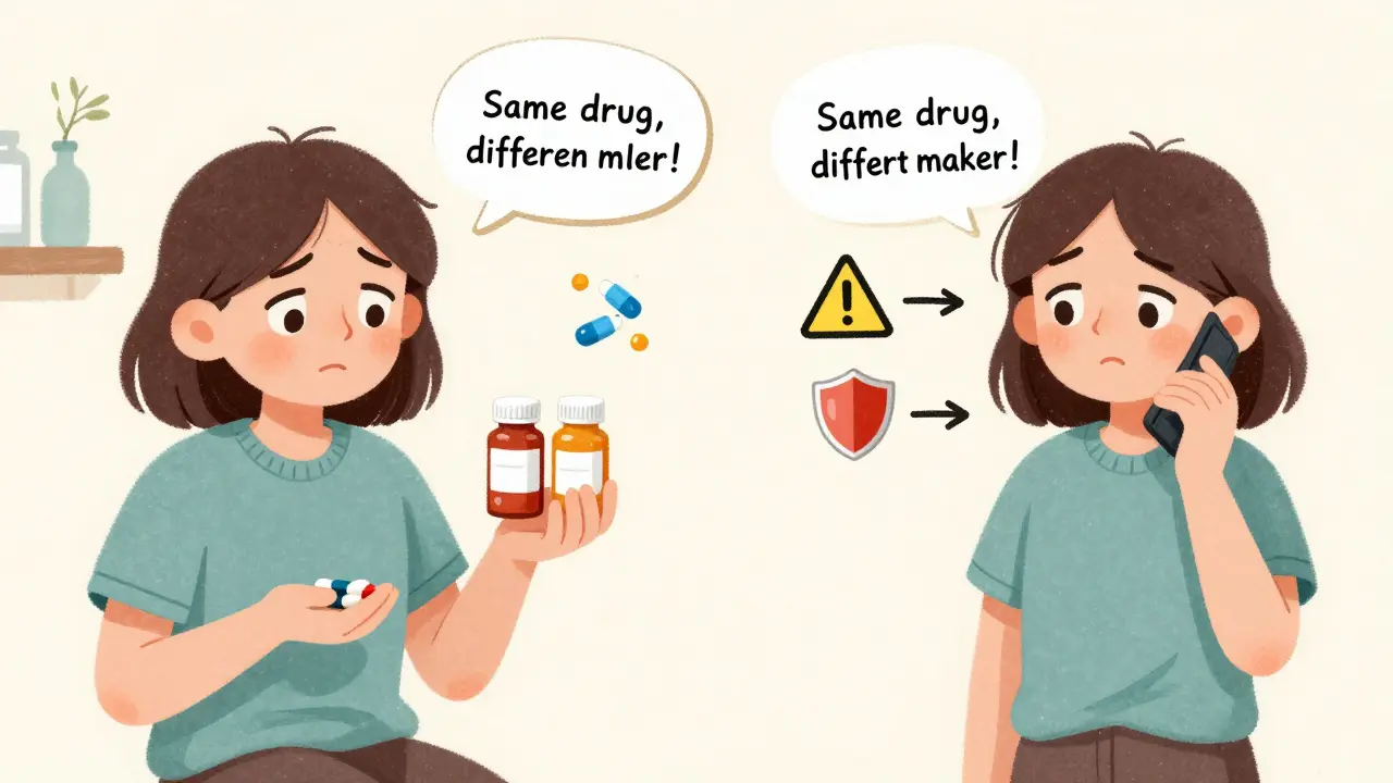 A split illustration showing confusion over pill changes resolved after speaking with a pharmacist, with key safety icons floating nearby.