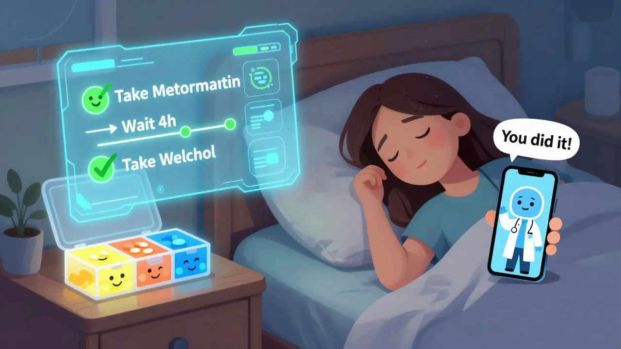 AI timeline showing metformin and Welchol timing with color-coded pill box and supportive doctor avatar.