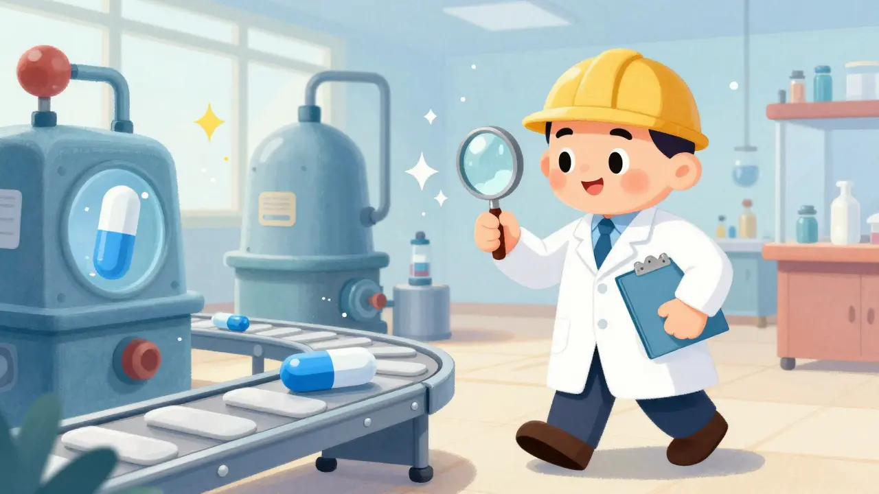 An inspector checks a blue pill on a factory conveyor belt with a magnifying glass