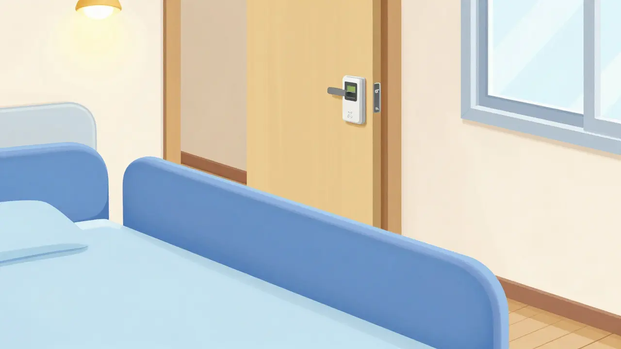 Bedroom with padded rails and door alarm system shown