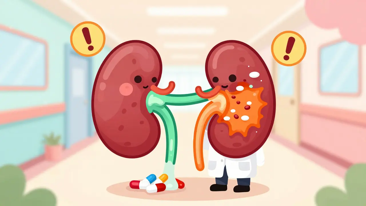 Cartoon kidney with face filtering blood, blocked by diuretic and NSAID pills, in soft pastel hospital setting.