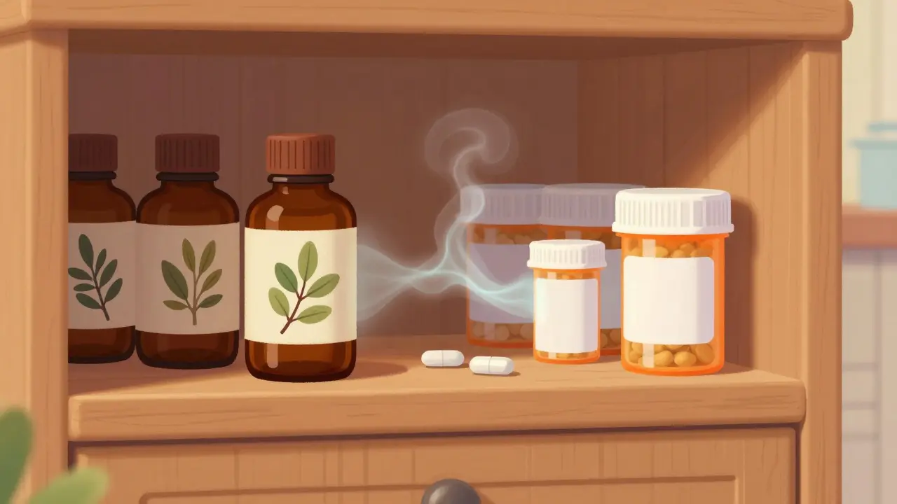 Herb bottles and pills on a shelf with glowing connection
