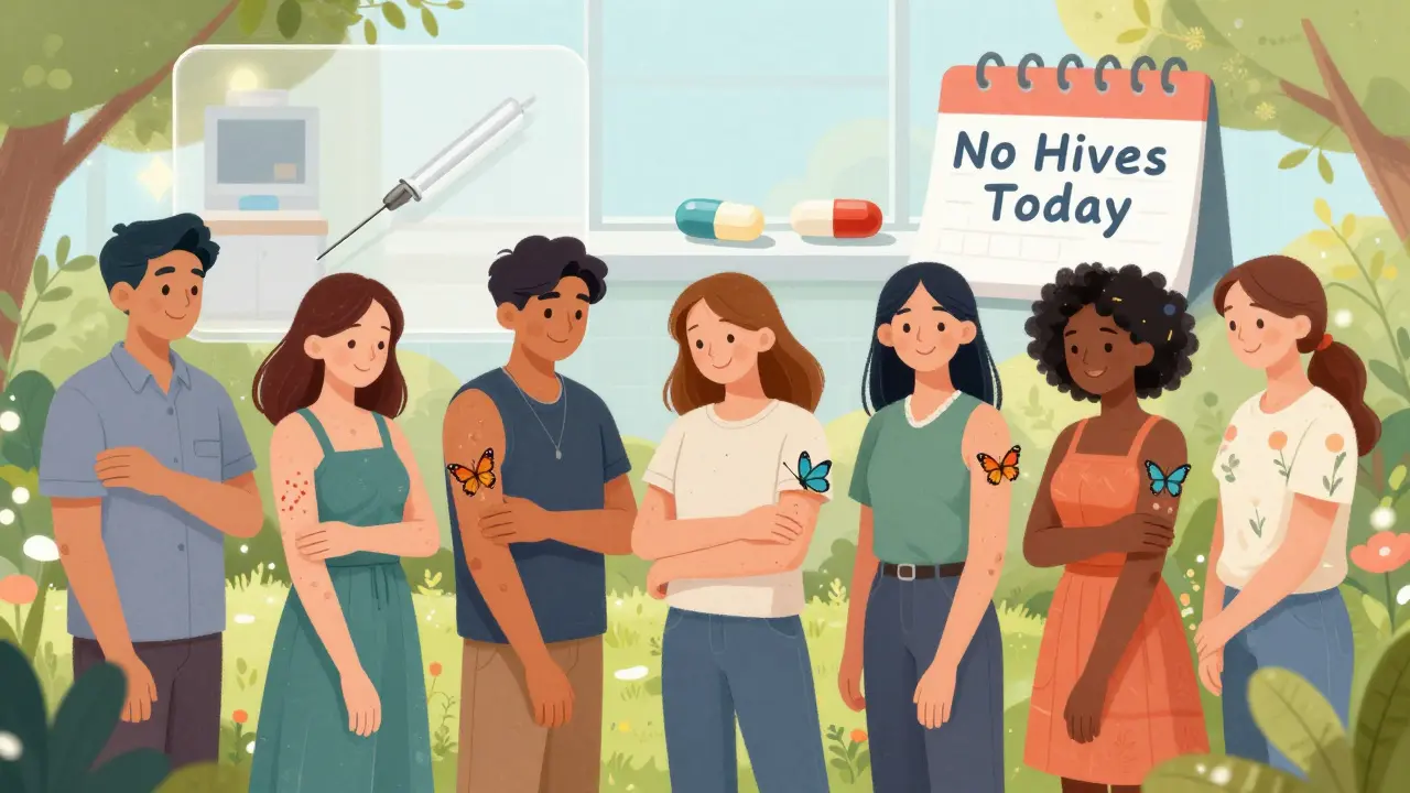 Patients in a sunlit garden free of hives, with butterflies landing on them, symbolizing relief and personalized treatment.