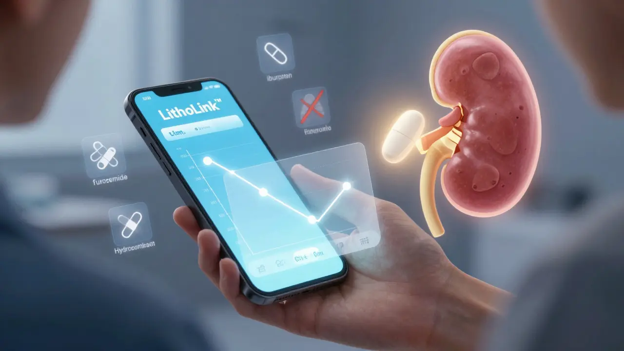 Smartphone showing LithoLink™ test results with glowing nano-lithium pill passing safely through a kidney.