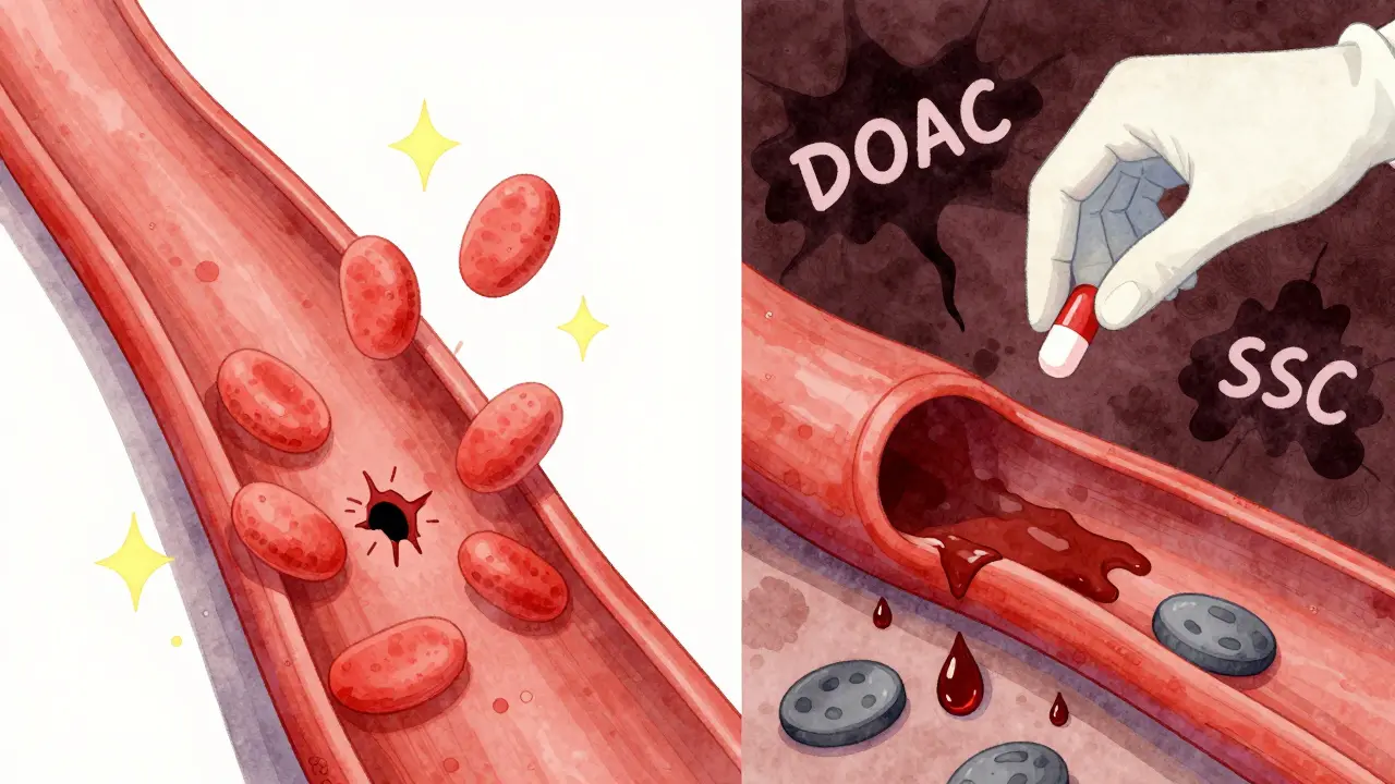 Split illustration: healthy platelets sealing a wound vs. weak platelets failing as anticoagulant and SSRI loom above.