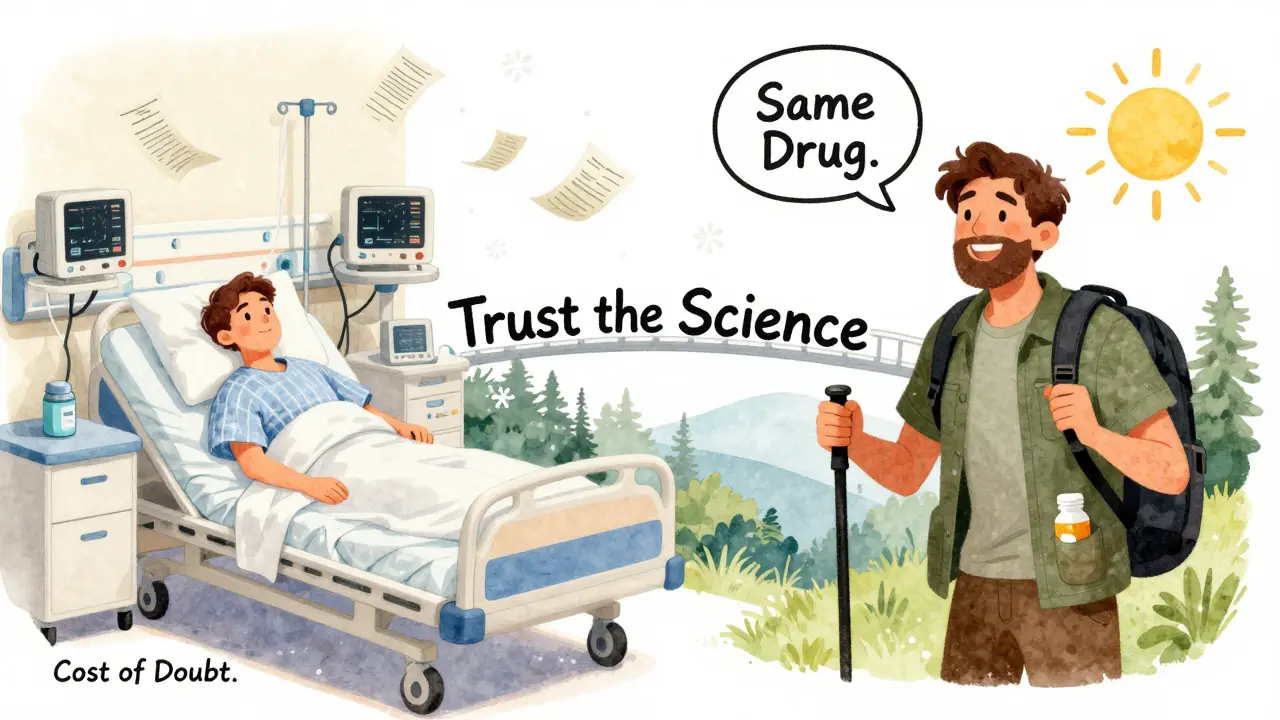 Split scene: one side shows a sick patient in a hospital, the other shows the same person healthy outdoors, connected by a bridge of words.