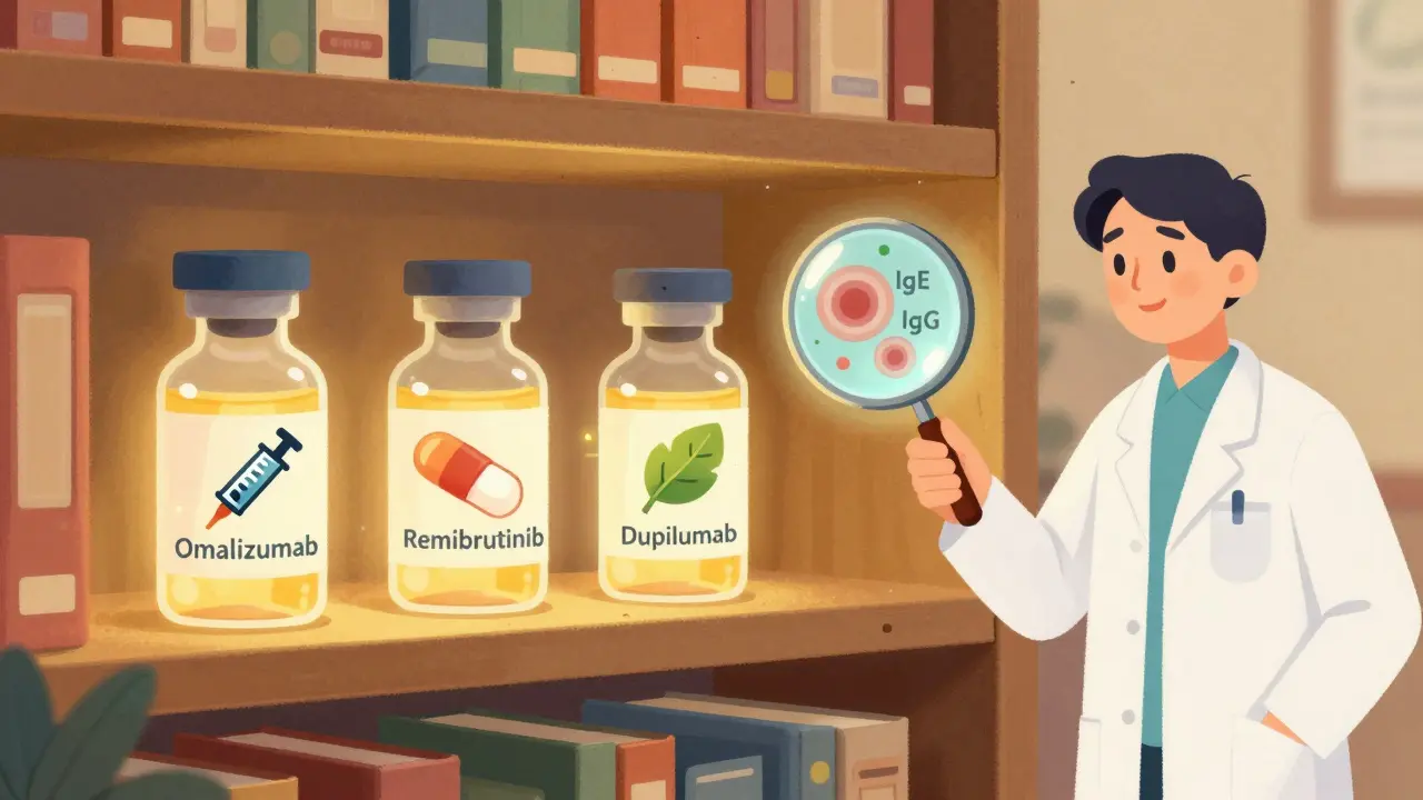 Three glowing treatment vials labeled with drug names on a medical shelf, viewed through a magnifying glass over antibody diagrams.