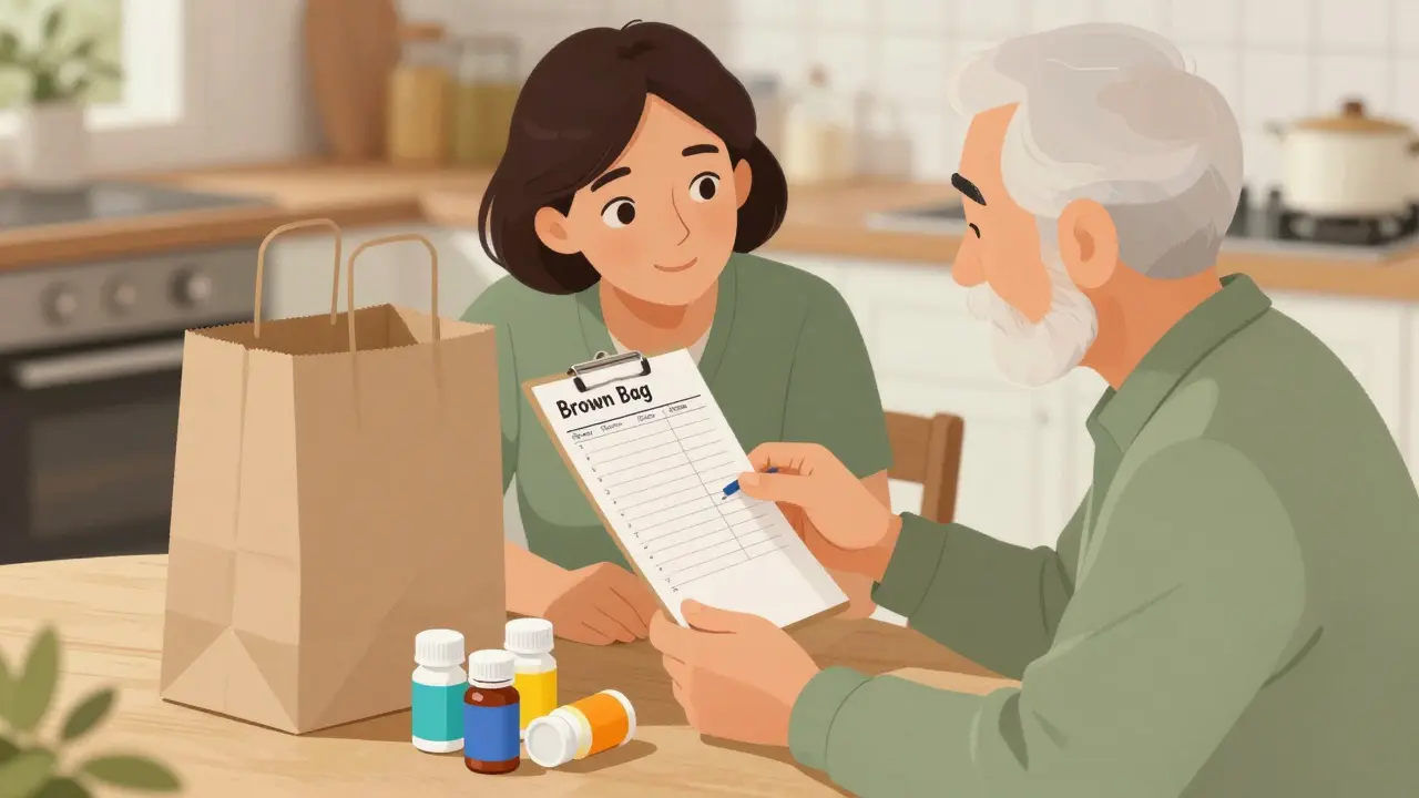 A caregiver and senior performing a medication review with a brown paper bag.