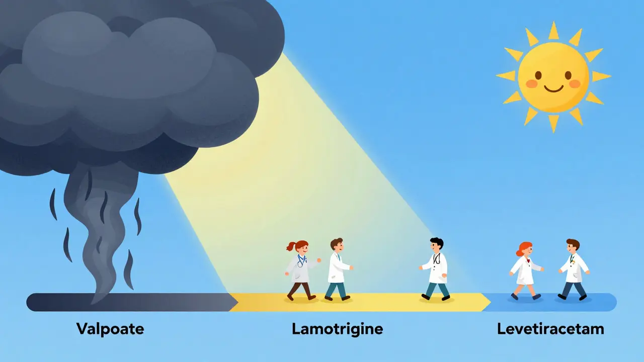 A colorful gradient path showing the transition from high-risk to low-risk seizure medications.