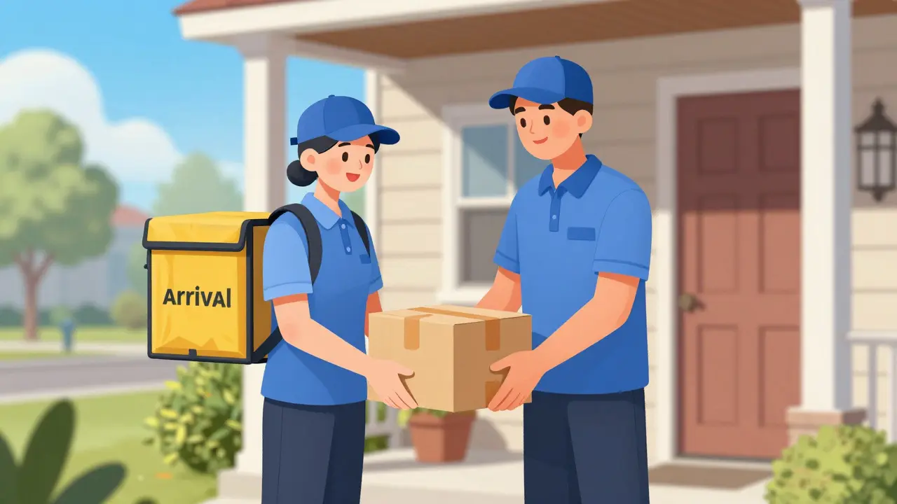 A delivery person placing a medication package on a house porch