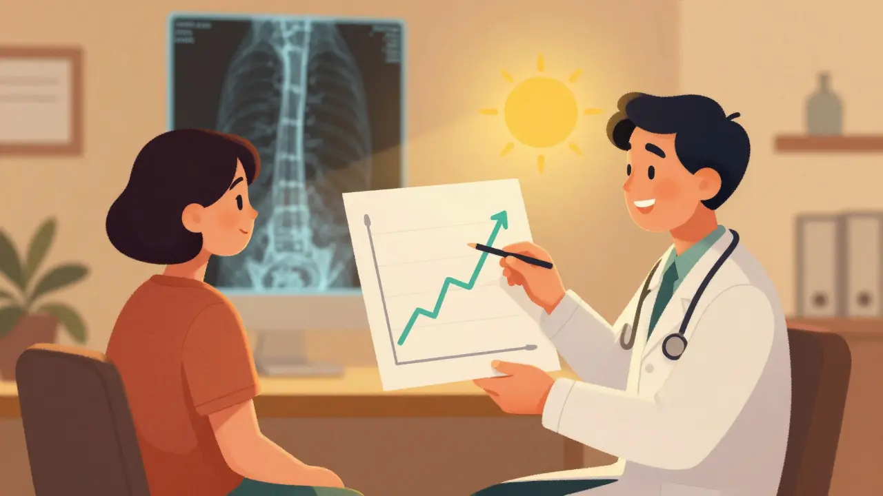 A doctor and patient reviewing a hopeful health progress chart together.