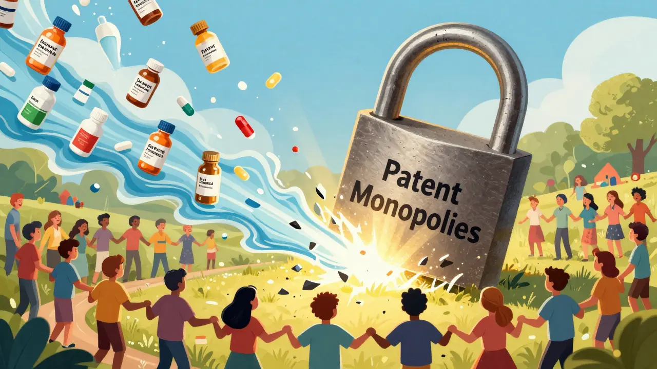 A giant padlock shattering to release a flow of affordable medicines to a diverse crowd.