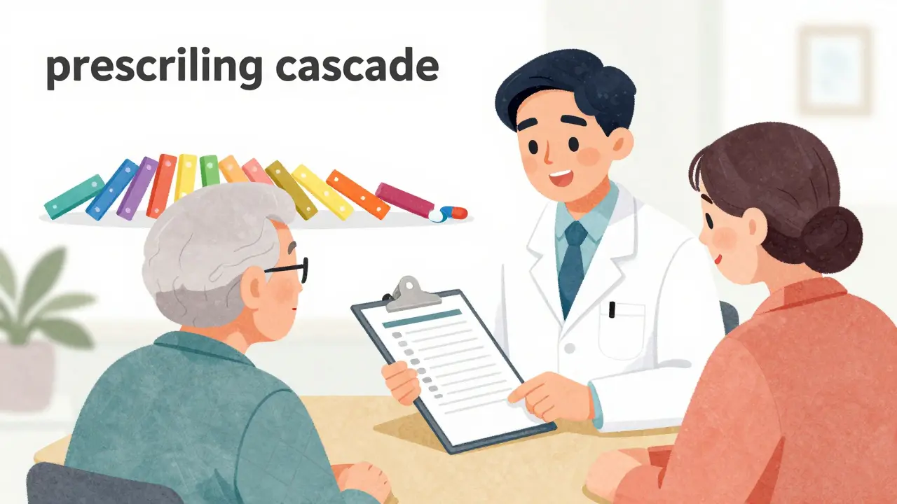 A kind pharmacist explaining medication alternatives to a senior patient.